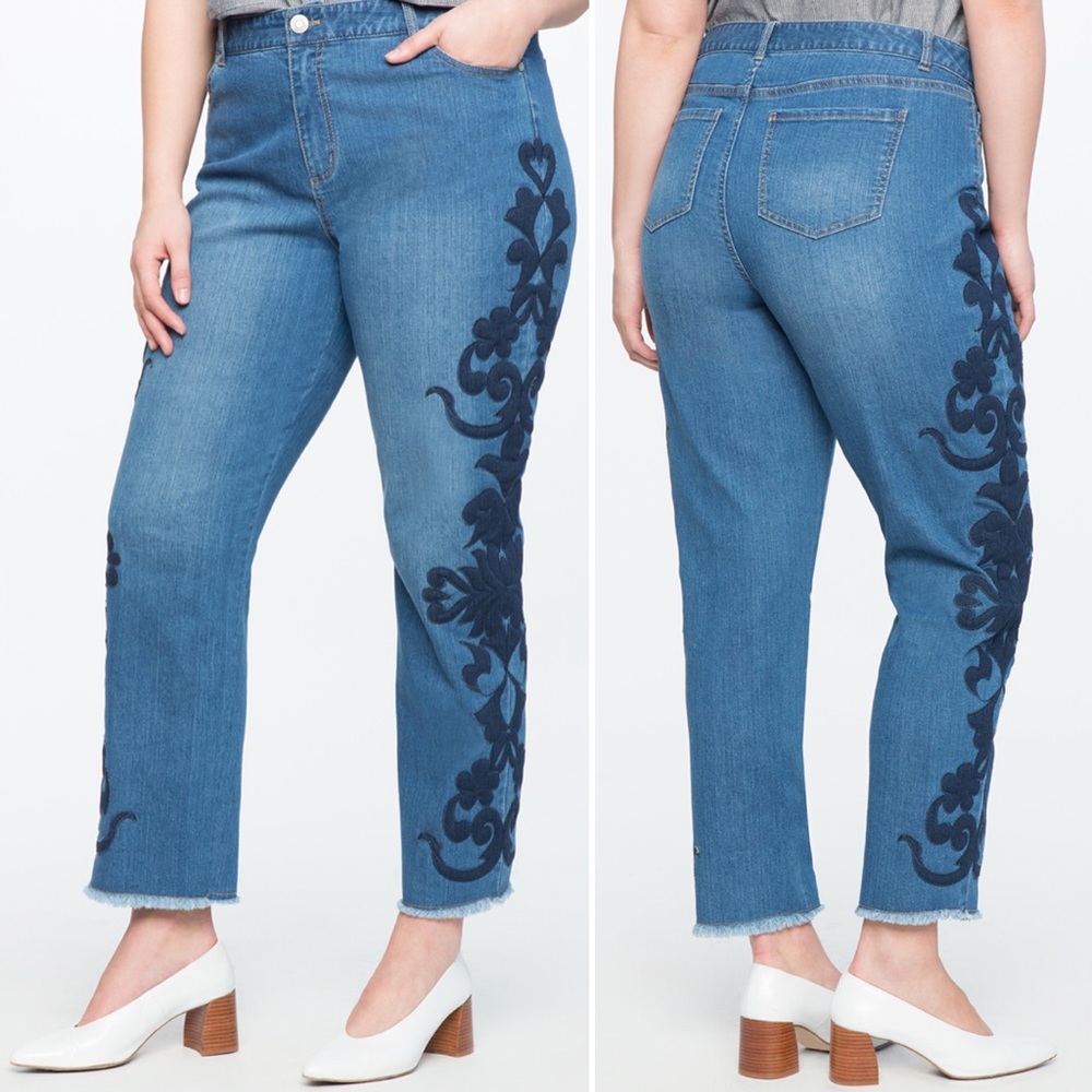 Eloquii Studio Embroidered Straight Jeans Raw Hem
